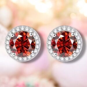 Sparkling Burgundy Moissanite Earrings Handcrafted in Halo Settings in Sterling